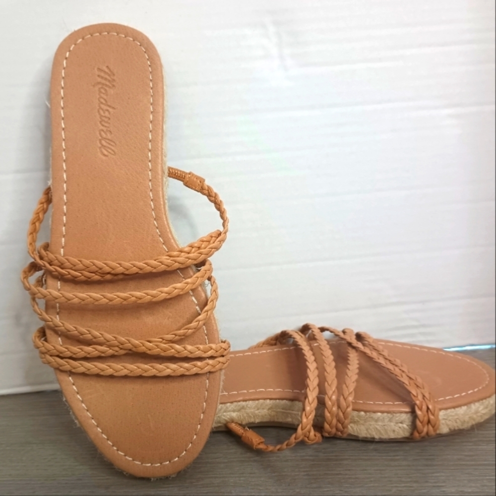 Madewell The Kathryn Espadrille Sandals 7.5 Flat Slide Tan Braided Leather Strap - Picture 1 of 9